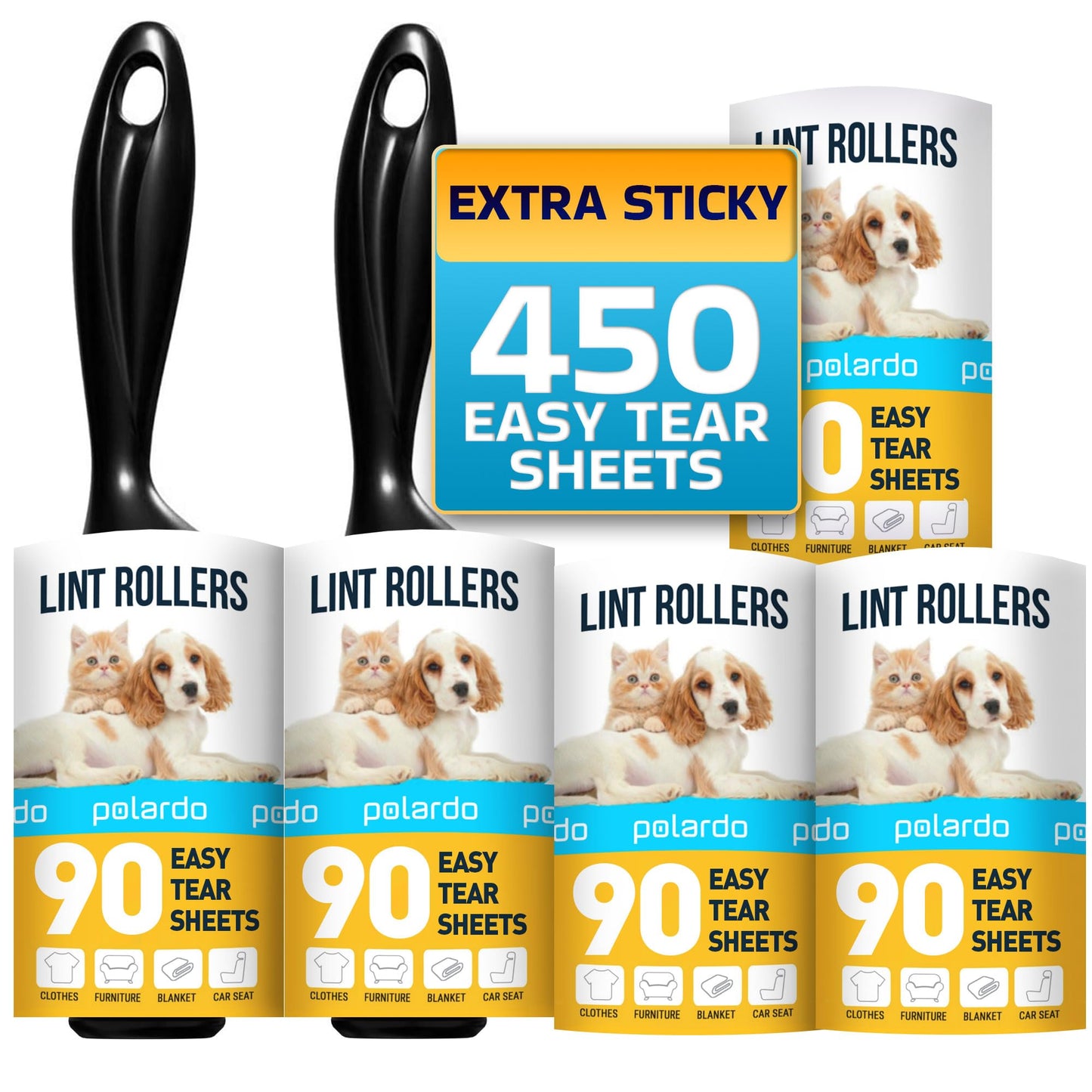 Lint Rollers for Pet Hair, White, Sticky Remover for Couch, Clothes, Furniture and Carpet, Dog and Cat Fur Remover, Animal Fuzz, 5 Large Sticky Rollers