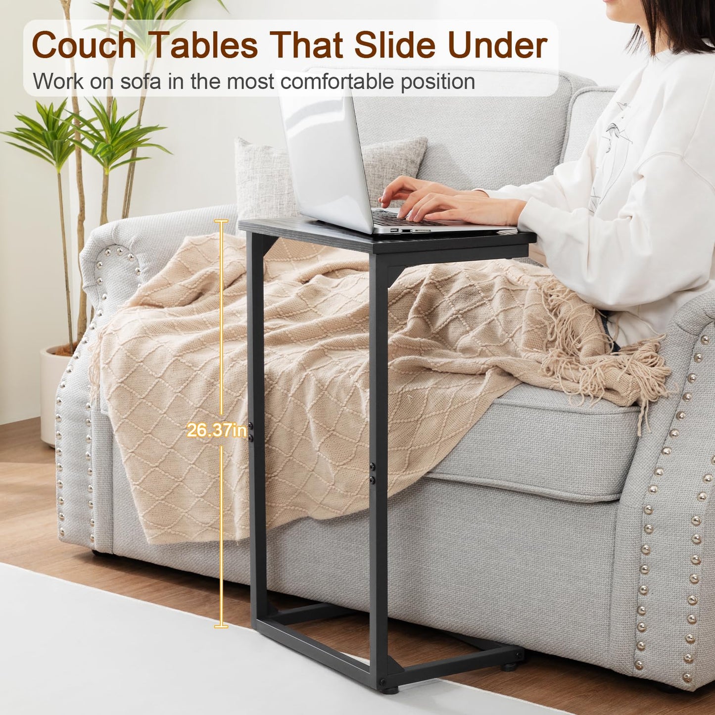AMHANCIBLE C Shaped End Tables Set of 2, Couch Side Tables that Slide Under Sofa, Slim TV Trays for Living Room and Bedroom, Narrow Space Saving Laptop Workstation, Black, HET02BBK