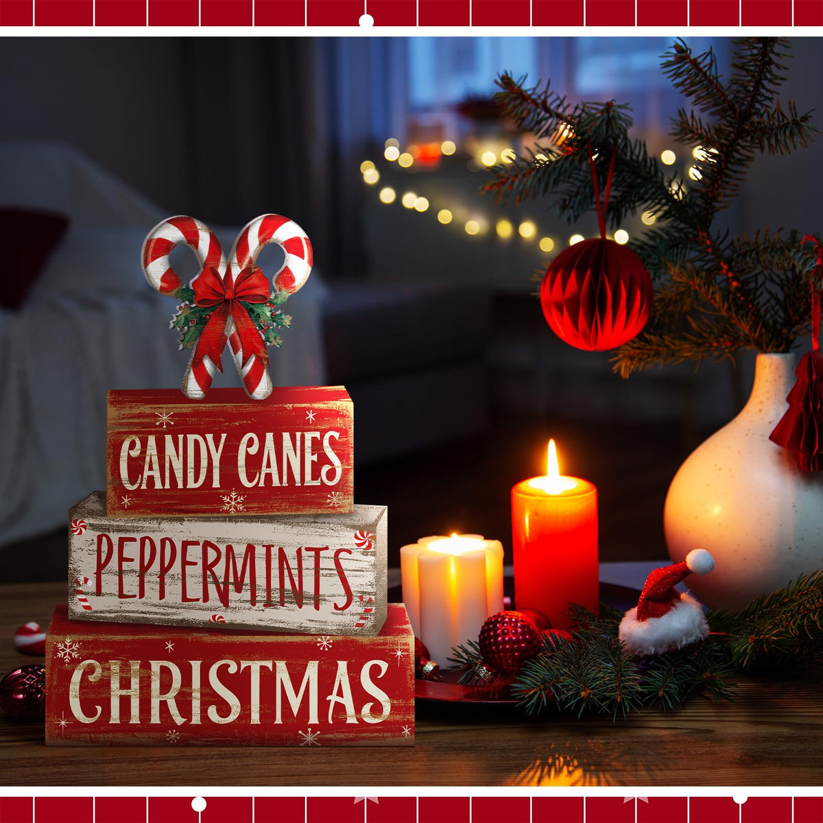 Moucuny 4 Pcs Christmas Candy Cane Table Decor Christmas Wooden Decorative Signage Red and White Stripes Candy Cane Xmas Tiered Tray Decor Centerpieces Farmhouse Wooden Block Set for Home