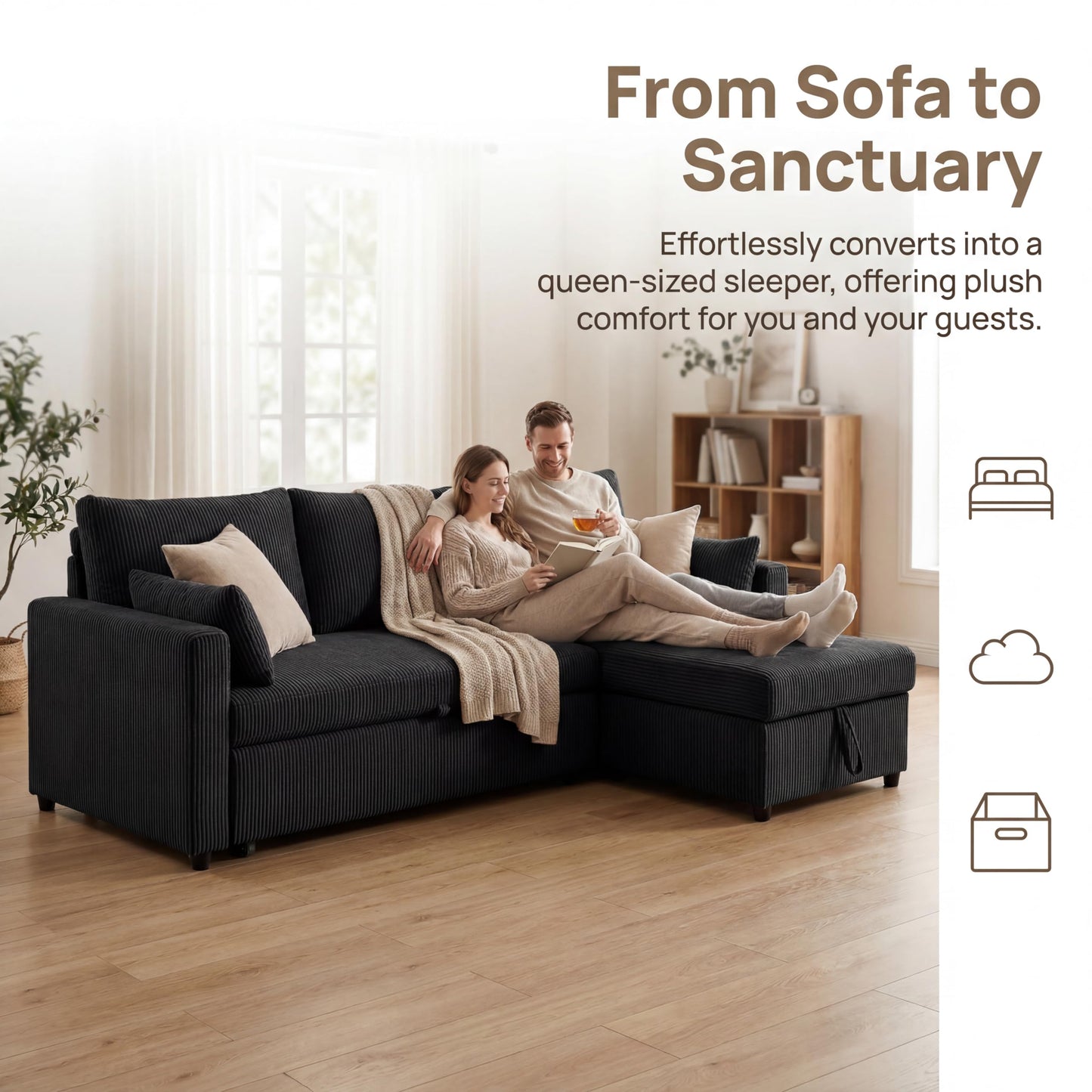 Trygoal Queen Sleeper Sofa, Convertible Sofa Bed with Storage, 85 Inch Sectional Couch with Pull Out Bed, L Shaped 3 Seat Sectional Sleeper Sofa for Living Room, Apartment, Black