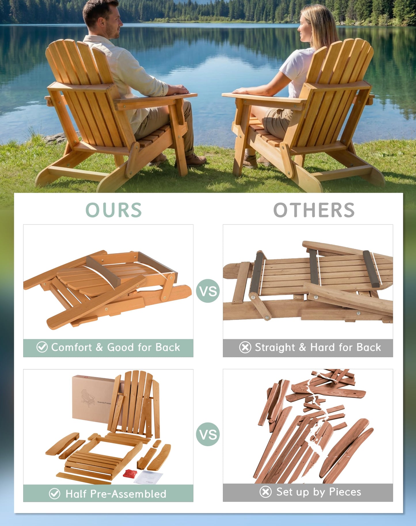 Wood-Natrl Oversized Wooden Folding Adirondack Chair with Pre-Assembled Backrest and Seat Board, Lounge Chair for Outdoor Patio Garden Lawn Backyard Firepit Deck Pool Beach