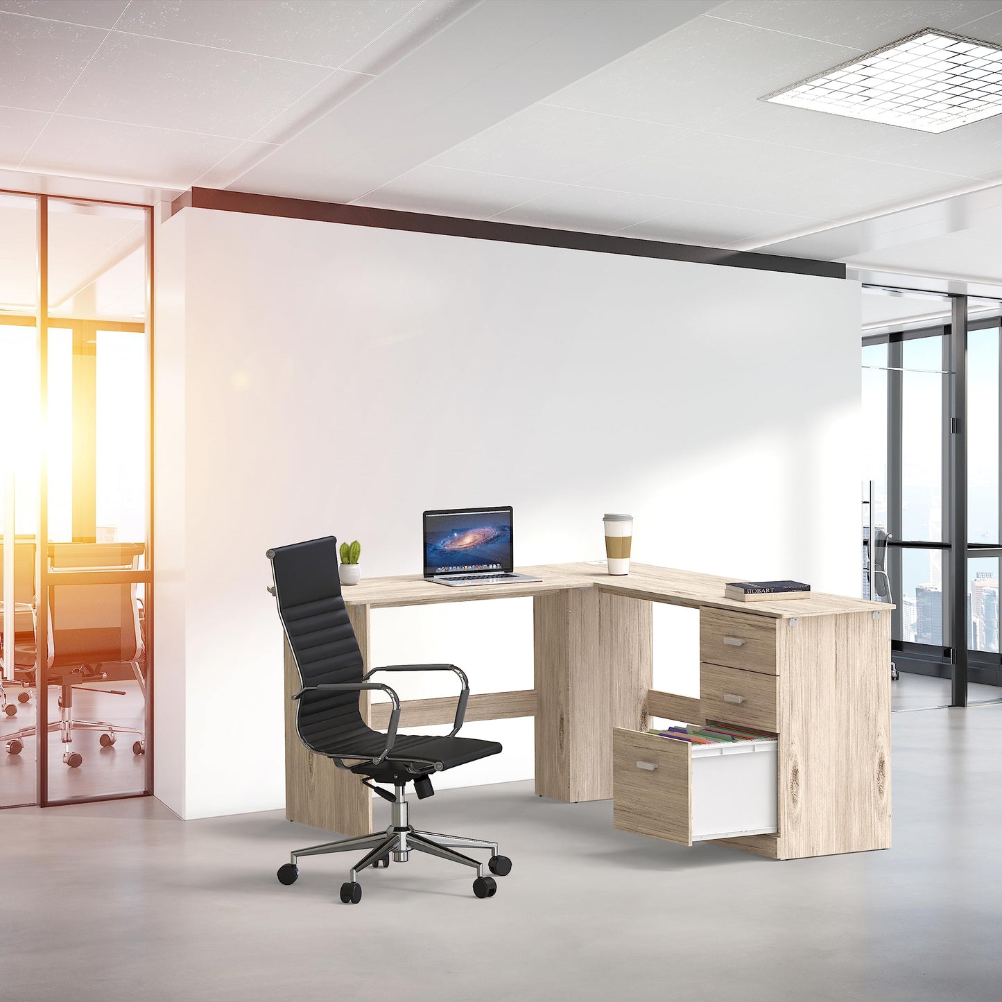 SHW 51 x 59 Inches L-Shaped Home Office Wood Corner Desk with Box Box File Drawers, Maple