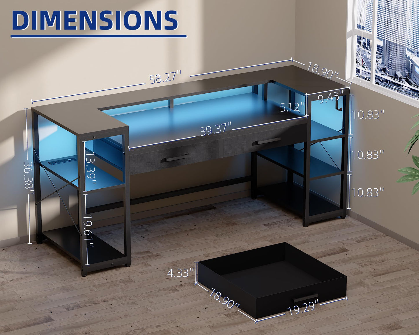Pamray 58 Inch Computer Desk with Monitor Stand and Shelves Gaming Desk with LED Lights & Power Outlets PC Vanity Table with 2 Drawers for Home Office White