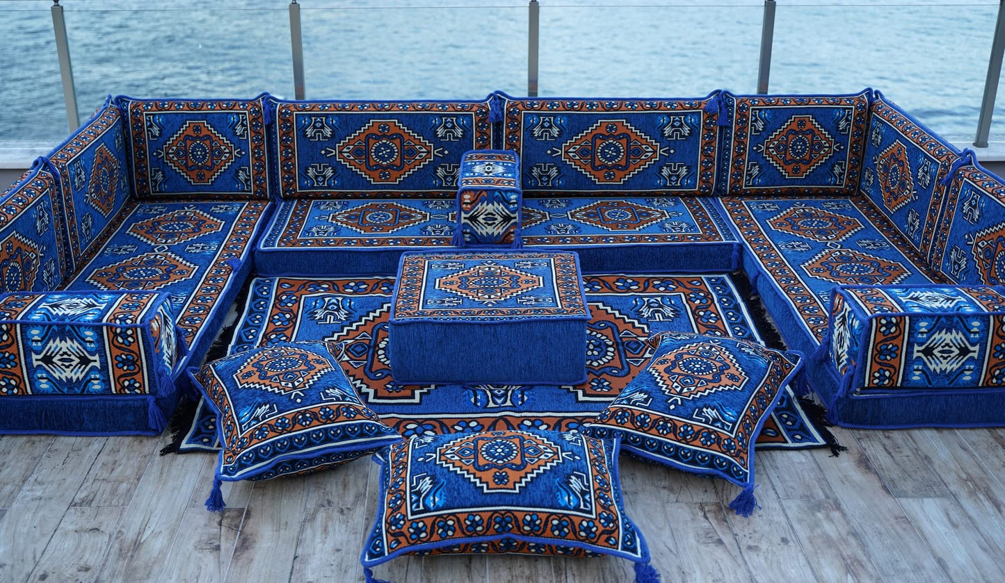 arabicsofa Blue Middle Eastern Moroccan Majlis – U Shaped Oriental Floor Seating Jalsa Modular Sofa