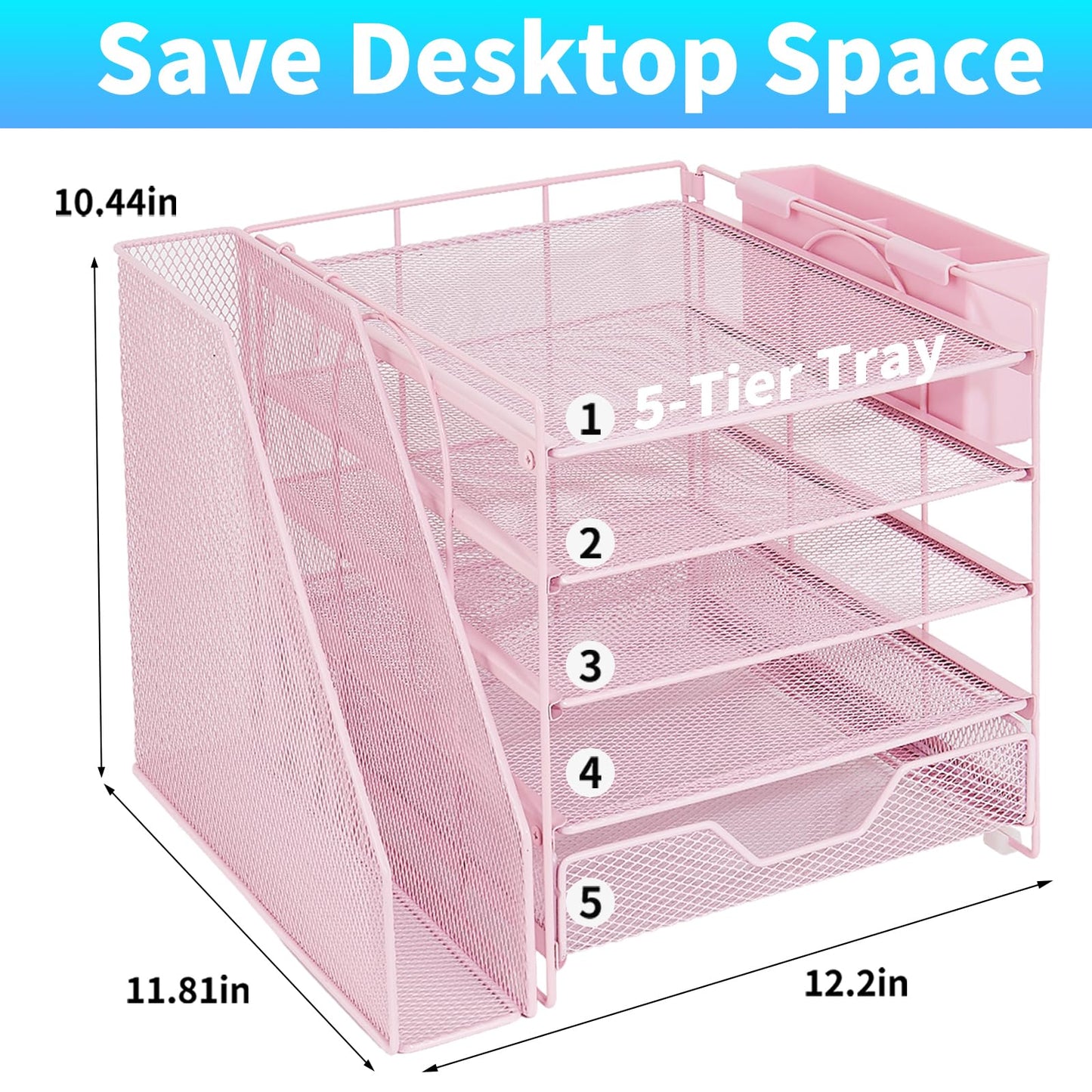 Gugsey Desk Organizers and Accessories, 5-Tier Paper Letter Tray Organizer with File Holder, Drawer & Pen Holder, Office Desk Accessories, Desktop Organizer for Classroom Office Supplies, Pink