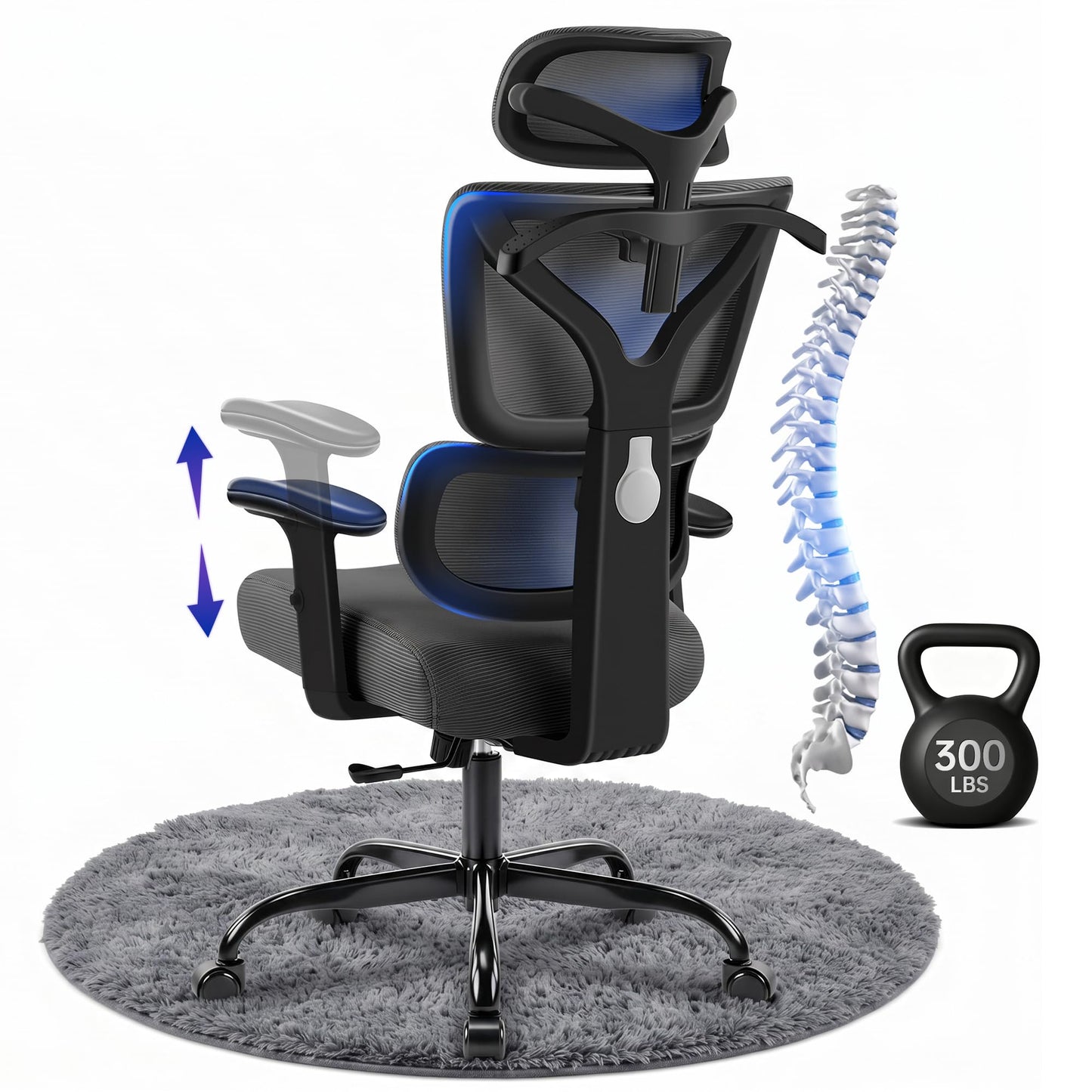 Hayelf Ergonomic Office Chair, High Back Mesh Computer Chair with Comfortable Adaptive Lumbar Support, Built-in Coat Hanger, SGS Class 4 Gas Lift, Heavy Duty 300lbs for Long Hours Home Office