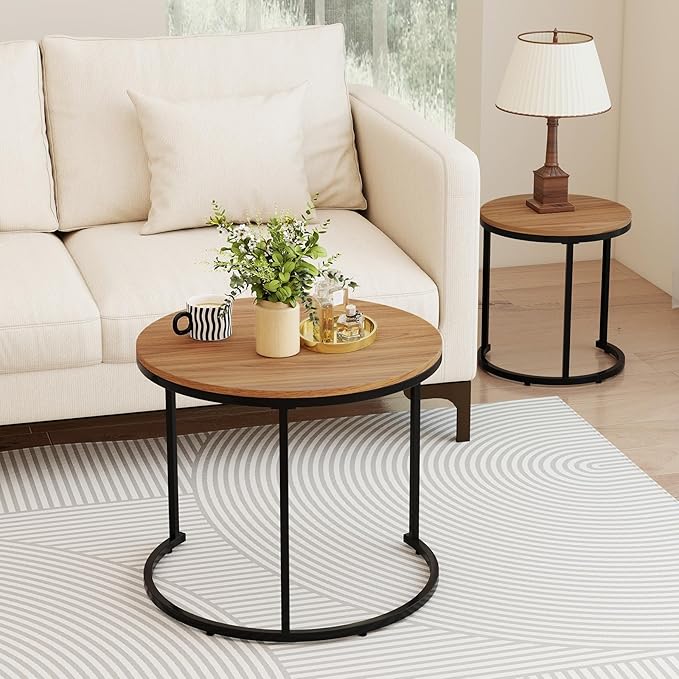 Giantex Nesting Coffee Table Set of 2, Round Stacking Side Tables w/Wooden