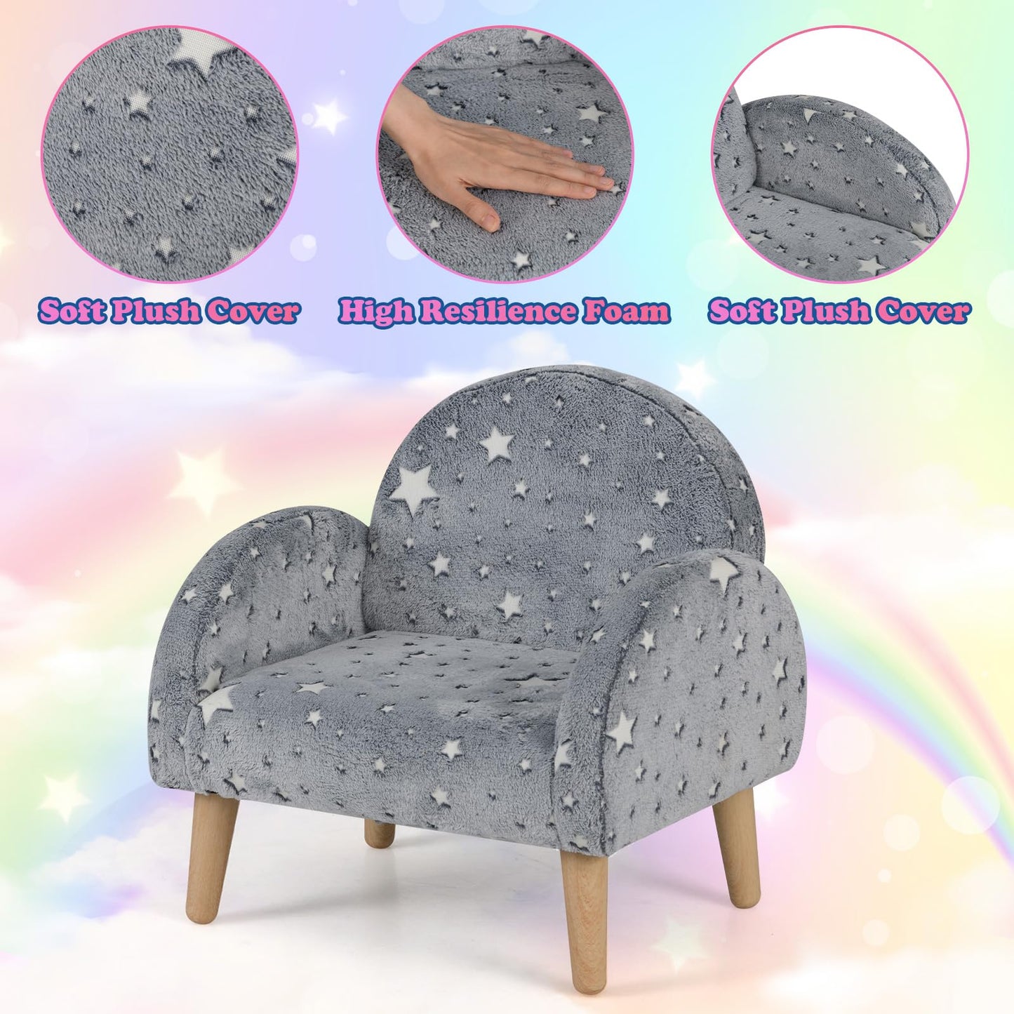 INFANS Kids Sofa with Glow in The Dark, Toddler Armchair Couch with Solid Wooden Frame Anti-Tipping, Upholstered Comfy Foam Children Chair for Kindergarten Playroom Preschool, Gift for Boys Girls