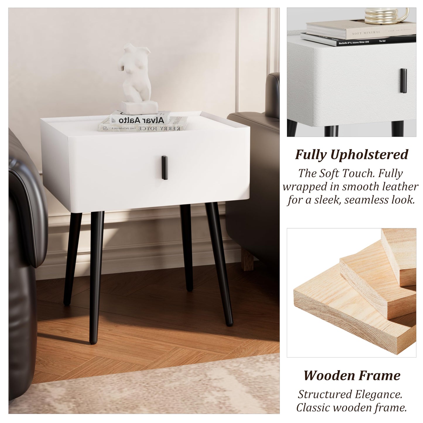 Nightstand Set of 2 with Single Drawer,Leather Side Table,Modern Bedside Table with Metal Legs for Bedroom,Small Accent End Table,White