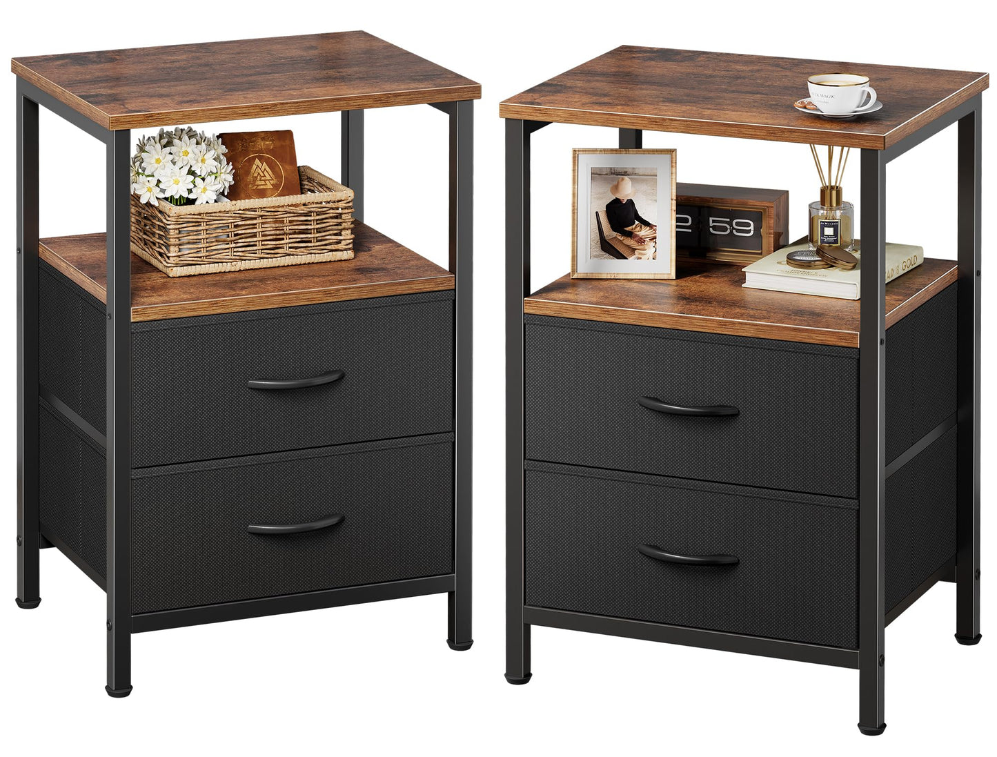 Huuger Night Stand Set of 2, Nightstand with 2 Drawers, Bed Side Table with Open Shelf, Wooden Top, End Table, Fabric Drawer, for Bedroom, Rustic Brown and Black