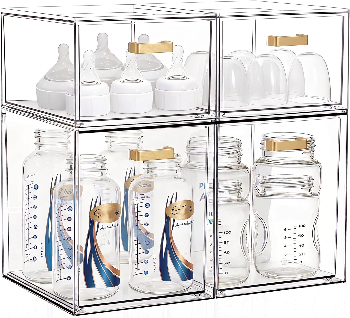 LALOBLUE Clear Stackable Drawer Organizer, 4 Pack Acrylic Storage Drawers with Pull-Out Design, Space-Saving Organizer for Bathroom, Vanity, Kitchen & Office