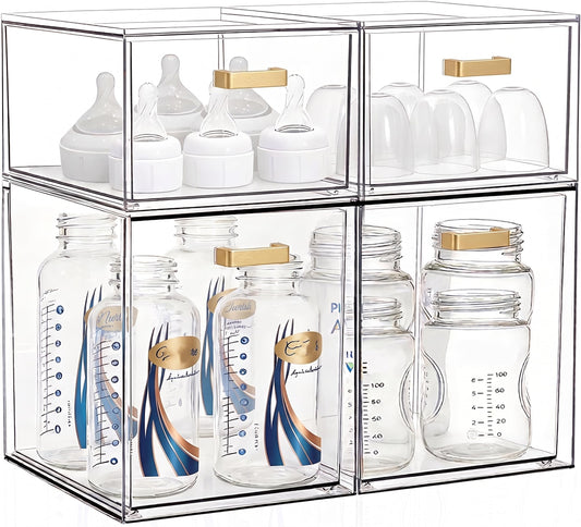 LALOBLUE Clear Stackable Drawer Organizer, 4 Pack Acrylic Storage Drawers with Pull-Out Design, Space-Saving Organizer for Bathroom, Vanity, Kitchen & Office