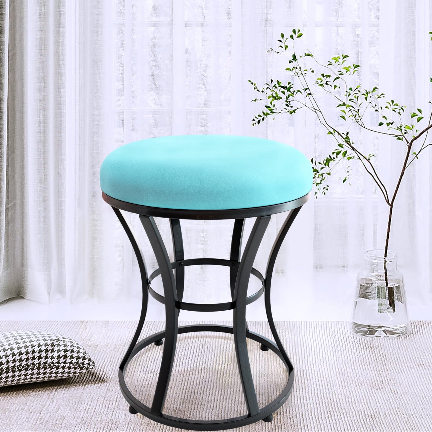 Ellensamqi Multifunctional Vanity Stool - Velvet Footrest Stool-Upholstered Chair Stool -Ottoman Round Modern Dressing Chair - with Blacken Metal Leg for Bedroom (Blue)