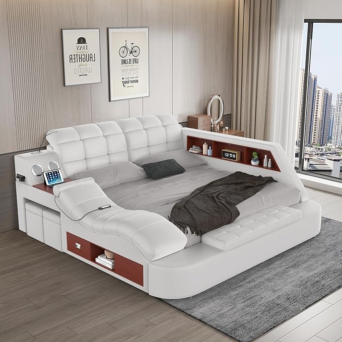 Luxury Smart King Bed Frame, Leather Headboard/Strong Wooden Slats