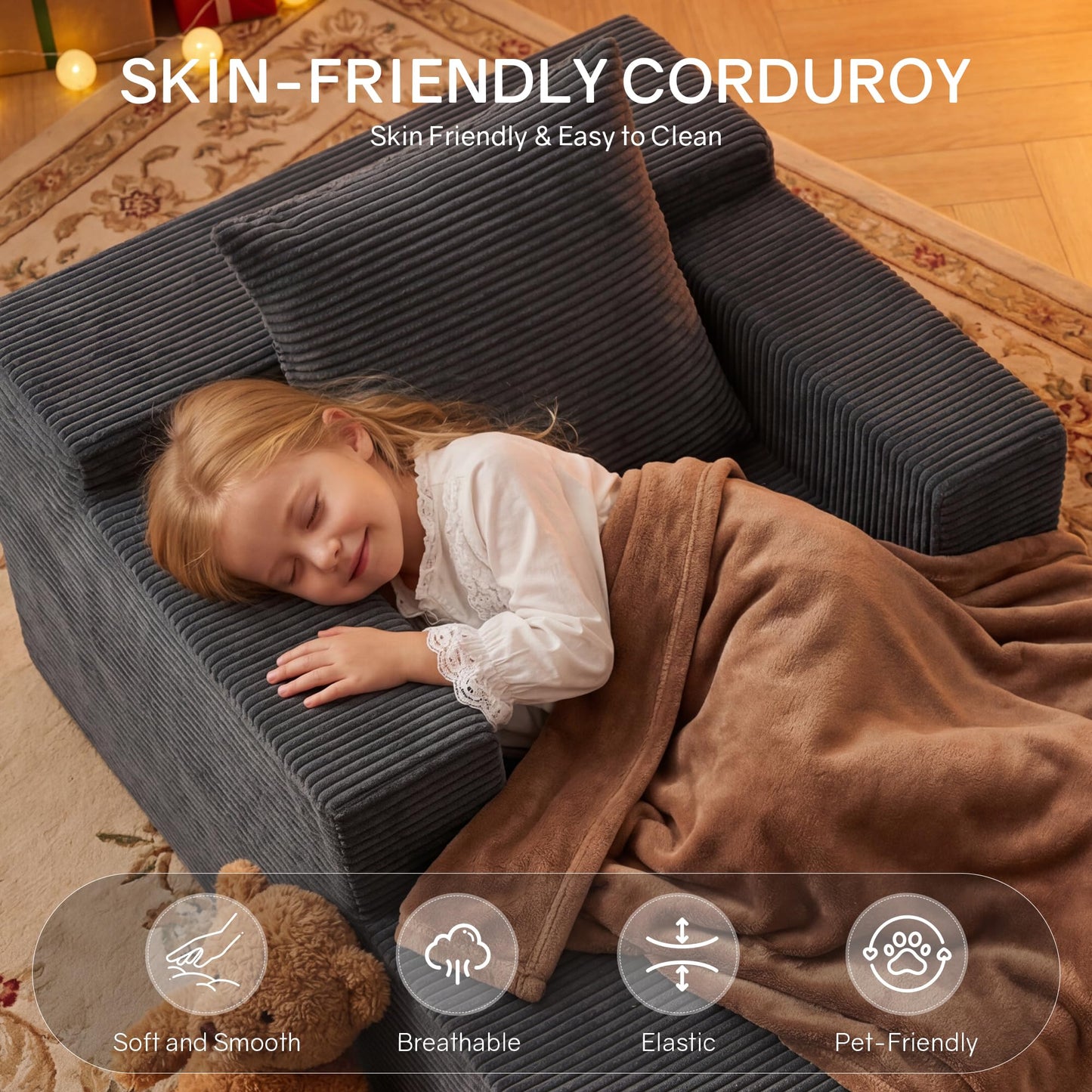 GRUSIGN 45'' Chaise Lounge Chair Indoor, Corduroy Boneless Sofa Bed, Deep Seat Sleeper Couch Reading Chairs for Bedroom Living Room, Movie Room