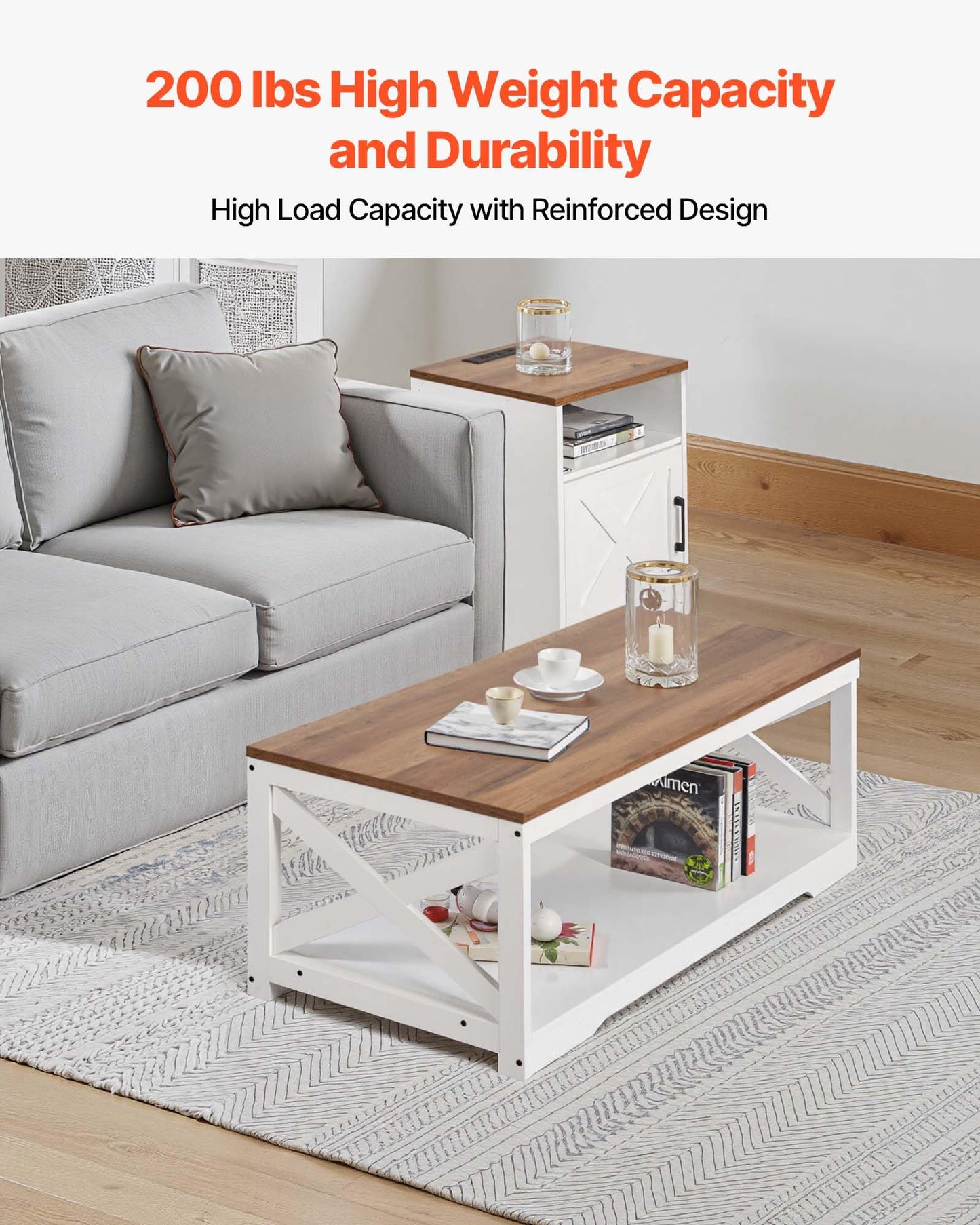 VEVOR 3 Pieces Farmhouse Coffee Table Sets, 40 Inch Industrial Coffee Table with 2 End Tables, Easy Assembly Coffee and Side Tables Sets with Charging Station, for Office, Living Room & Apartment
