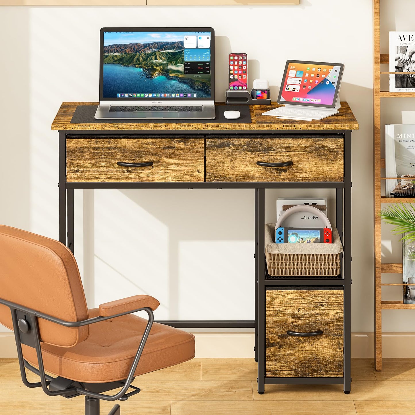 3IngSeagulls 33 Inch Small Computer Desk with Fabric Drawers, Home Office Desk with Storage Shelf, Compact Desks for Small Spaces, Teen Study Table for Bedroom, Rustic Brown