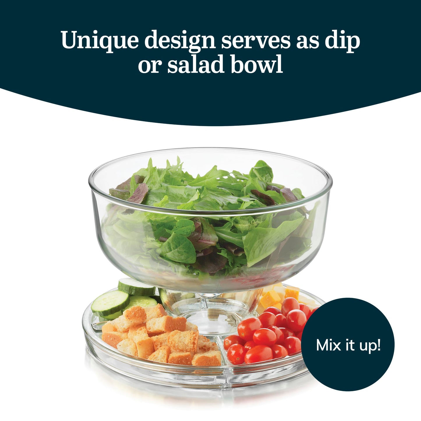Libbey Selene 6-in-1 Domed Cake Stand, Unique Space Saving Glass Cake Stand with Dome, Multi-Purpose Dip Bowl To Serve Snacks and More