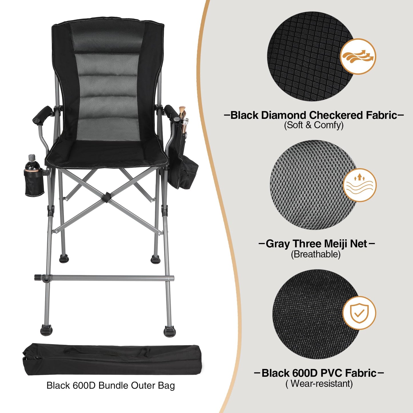 Stonehomy Extra Tall Folding Chairs for Adults 330lbs, Portable Bar Height Foldable Director Chairs for Camping Outside, Comfortable with Makeup Pocket, High Back and Footrest, Black