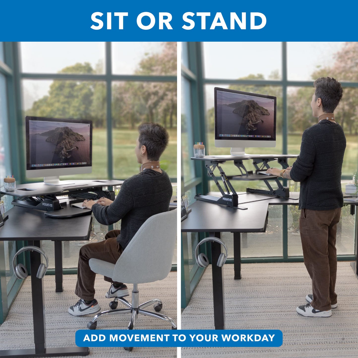 Mount-It! Corner Standing Desk Converter | Height Adjustable 43” Wide Desktop | Corner Stand Up Desk with Gas Spring Handle | Stand Up Computer Workstation with Ergonomic Keyboard Tray | Black