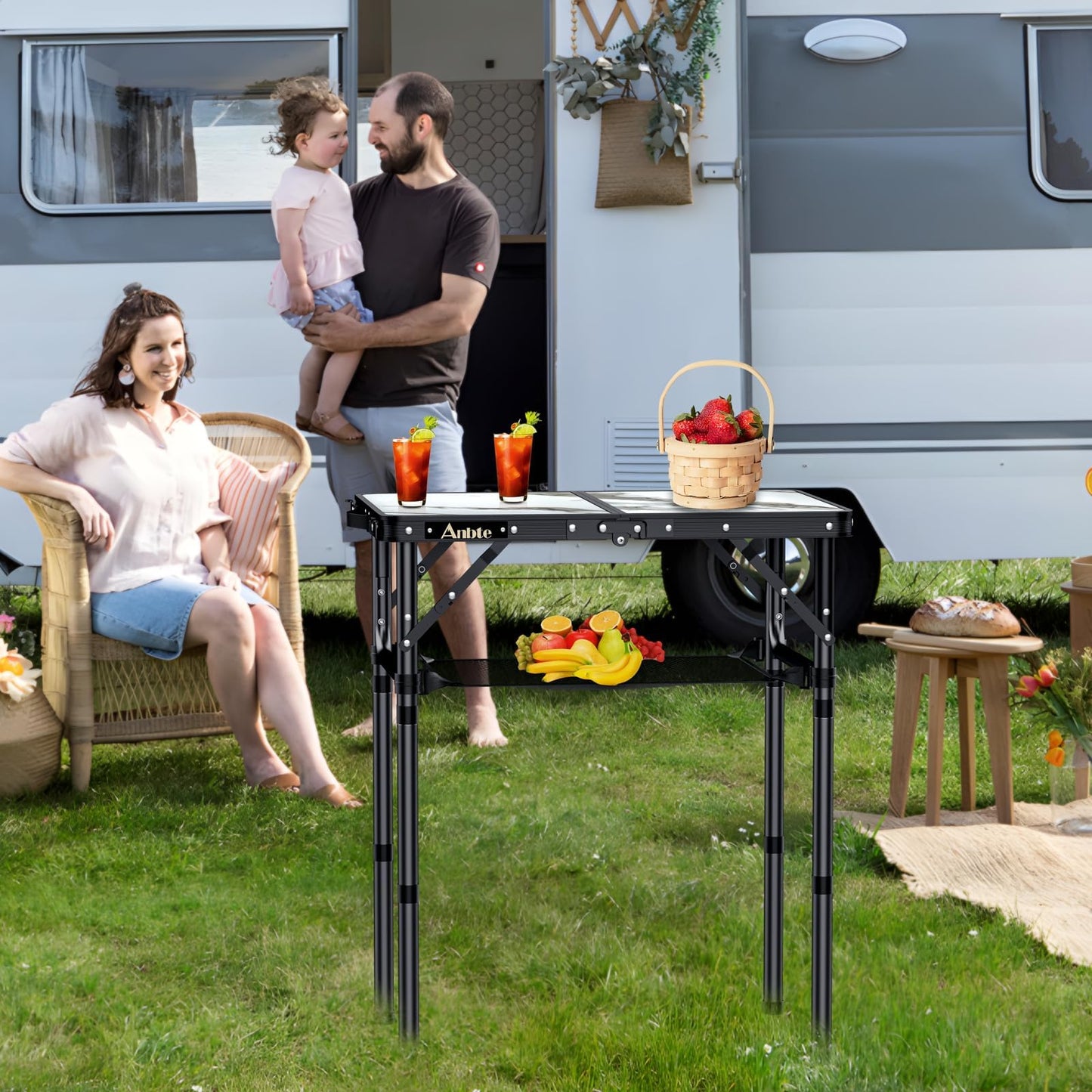 Anbte Folding Camping Table with Storage Net, 3 Adjustable Height Max 27.5" Aluminum Small Folding Table, Portable Table with Carry Handle, Lightweight, for Outdoor Indoor Travel Camping Picnic