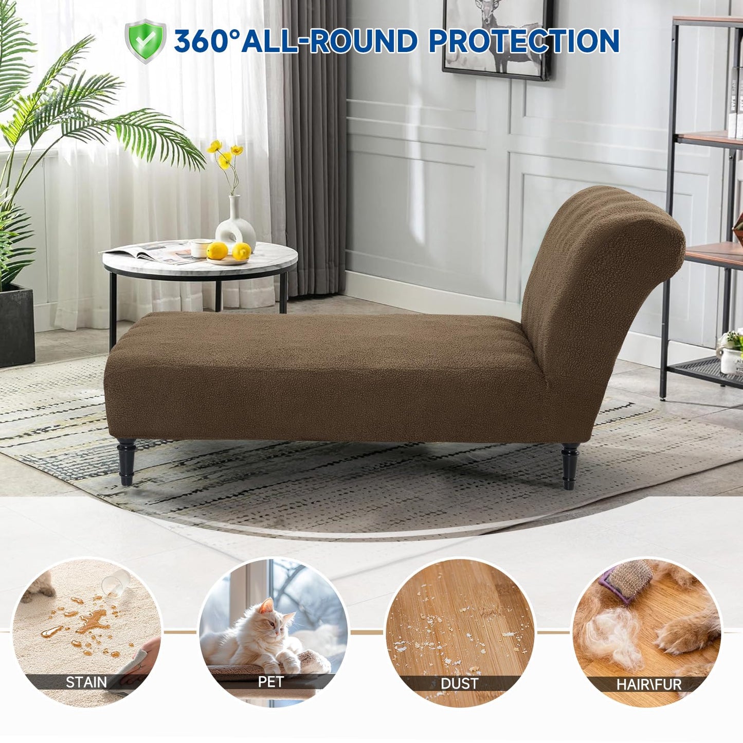 Teddy Wool Chaise Lounge Cover Indoor Armless Chaise Slipcover Luxury Elegance Lounge Chair Cover Ultra Soft Stretch Machine Washable Chair Covers for Living Room Bedroom Furniture, Brown