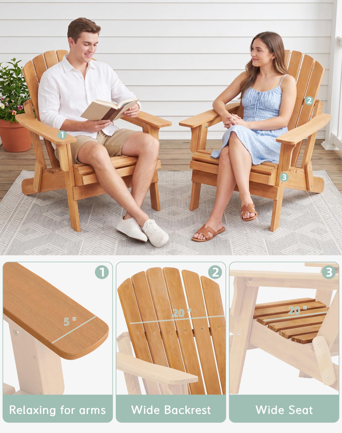 Wood-Natrl Oversized Wooden Folding Adirondack Chair with Pre-Assembled Backrest and Seat Board, Lounge Chair for Outdoor Patio Garden Lawn Backyard Firepit Deck Pool Beach