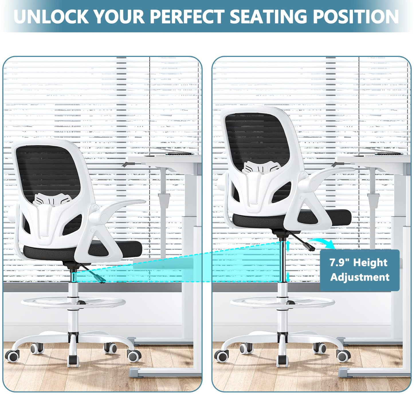 Kensaker Drafting Chair Tall Office Chair, Ergonomic Standing Desk Chair with Adjustable Foot Ring and Flip-up Armrests, Mesh Computer Chair for Art Studio, 300 LBS, White