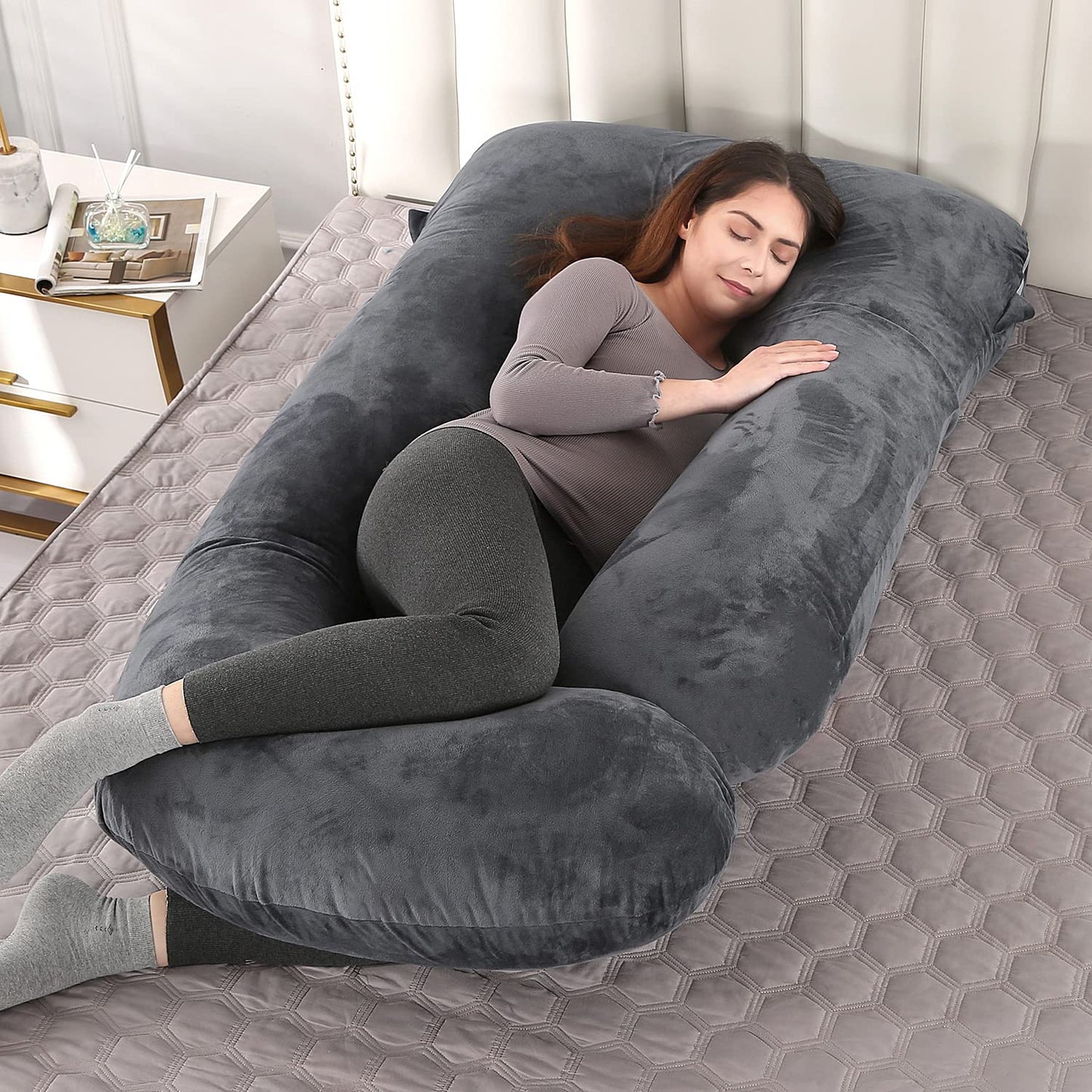 U-Shaped Full Body Pregnancy Pillow for Sleeping – 57" Maternity Pillow with Removable Cover, Support for Back, Legs, Belly & Hips (Velvet -Black)