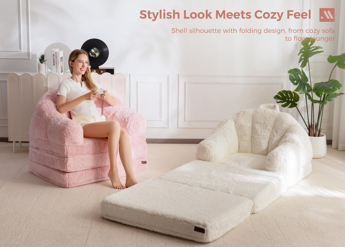 MAXYOYO Folding Sofa Bed, 2 in 1 Convertible Sofa to Lounger Comfy Single Bean Bag Chair for Adults, Floor Couch with Handle, Faux Fur Couch Bed for Living Room Bedroom, Beige