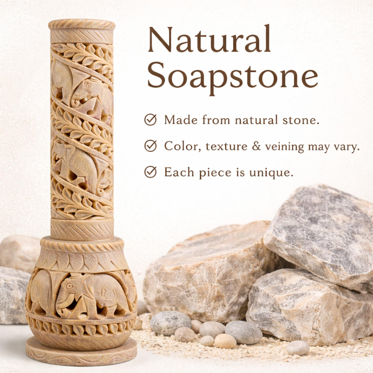 Carry Me Hand Carved Soapstone Incense Stick Holder | Candle Burner | Tea Light Stand. Elephant Jaali Carving Bottle Shape. Decorative Home and Kitchen Decor - (3x3x10.5 Inches)