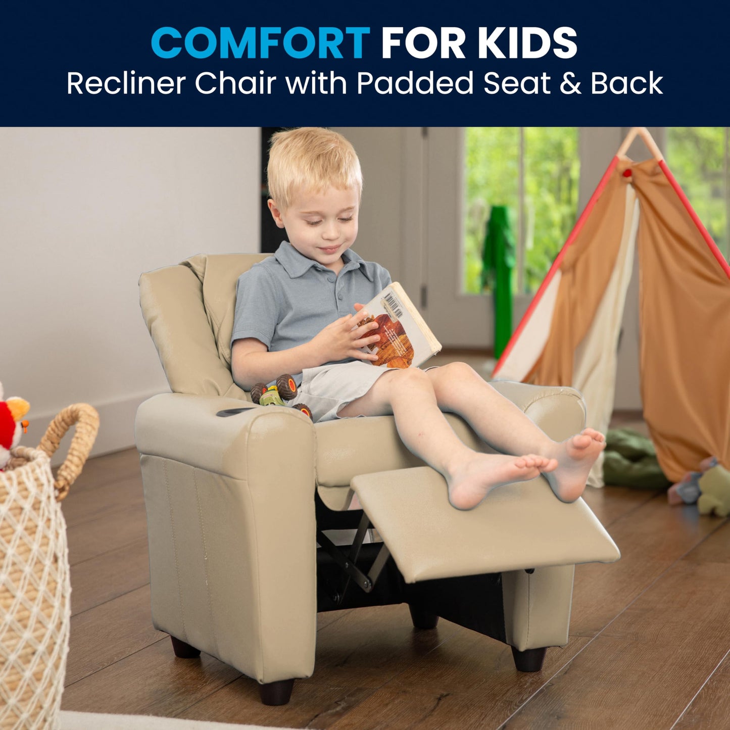 Flash Furniture Vana Vinyl Kids Recliner with Cup Holder, Headrest, and Safety Recline, Contemporary Reclining Chair for Kids, Supports up to 90 lbs., Beige