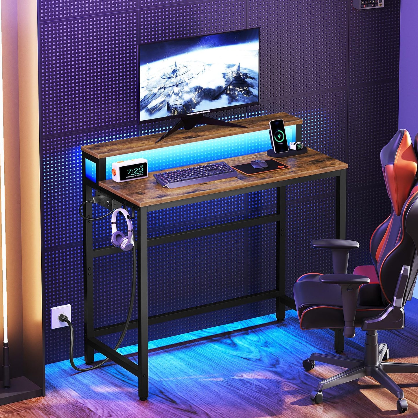 YATINEY Small Computer Desk with Charging Station and LED Lights, Gaming Desk with Monitor Stand, 2-Tier Home Office Desk with 4 Side Hooks, for Living Room, Home Office, Rustic Brown DN01UDBRY2