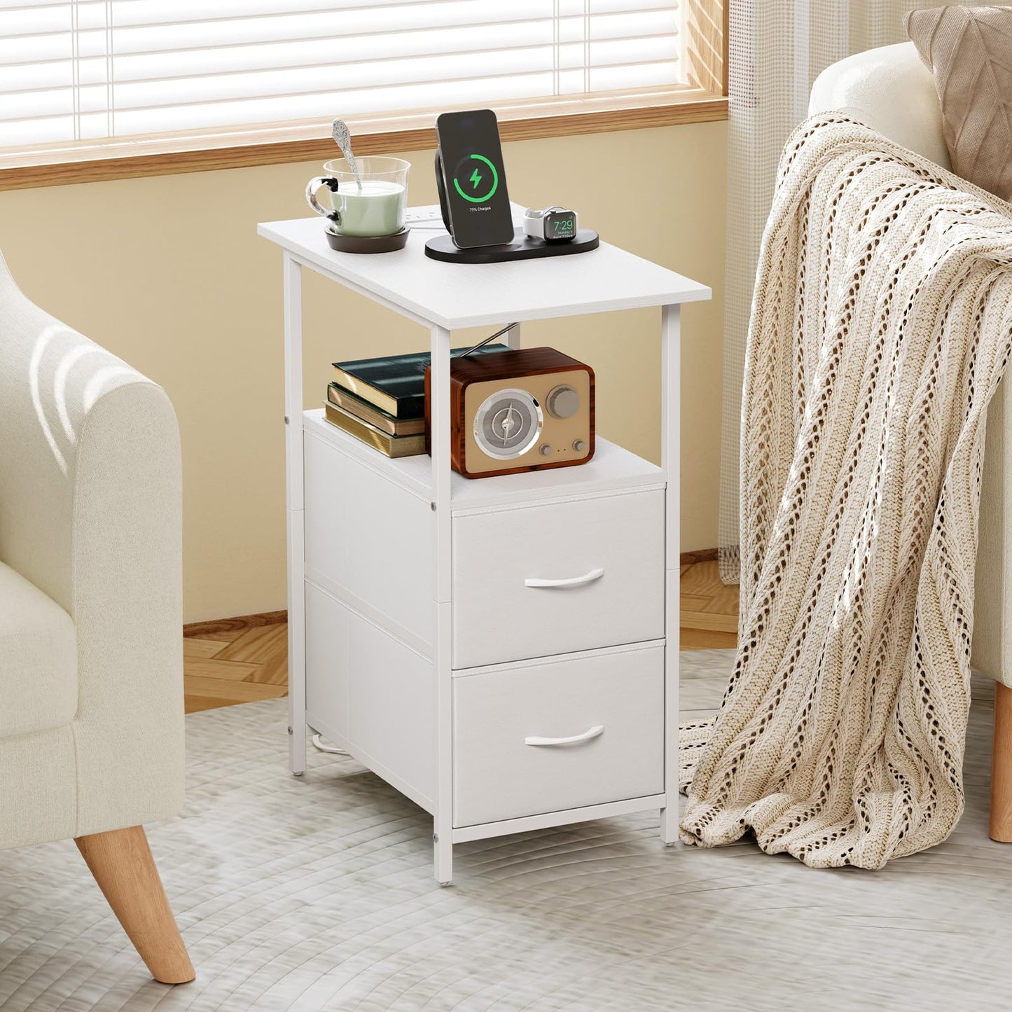Somdot End Table with Charging Station, Narrow Side Table with 2 Fabric Drawers, Skinny Nightstand with Storage, Small Slim Bedside Table for Living Room, Sofa, Bedroom, Couch, White Leather