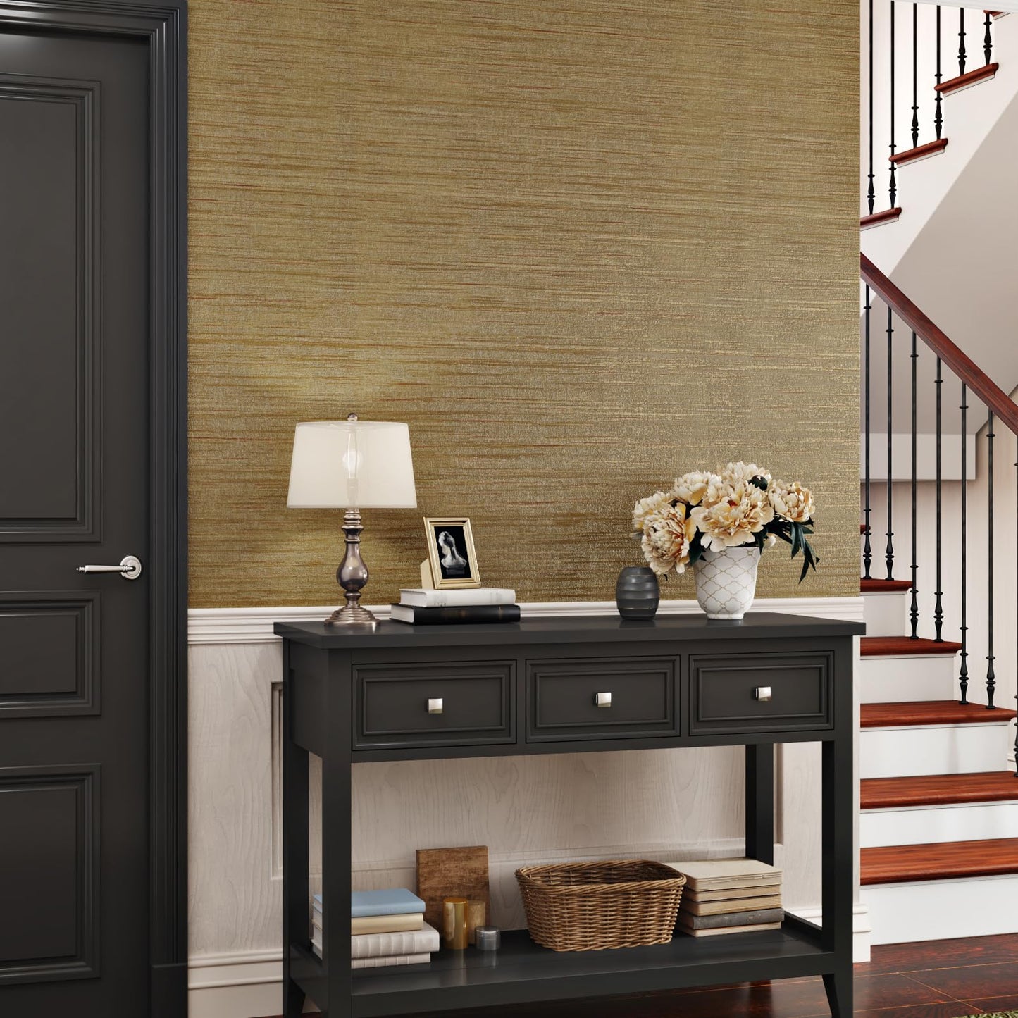 STICKEEP Brown Gold Grasscloth Wallpaper Textured Peel and Stick Fabric Wallpaper Gold Contact Paper 17.7"x315" Luxury Golden Grasscloth Vinyl Wall Paper for Bathroom Bedroom Living Room Wall Decor