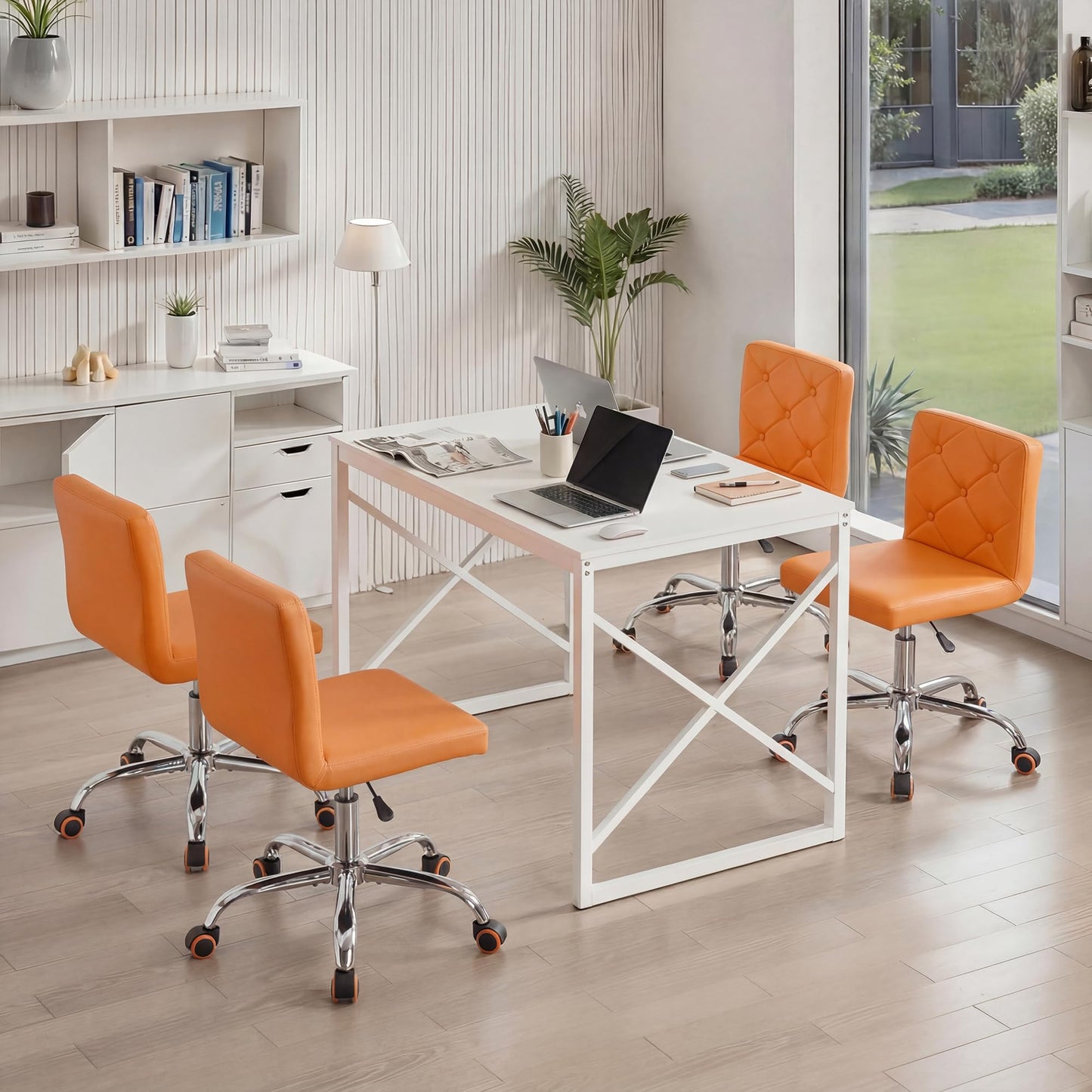VECELO PU Leather Mid-Back Armless Vanity Chair Adjustable Height 360° Rolling Swivel for Home Office Work