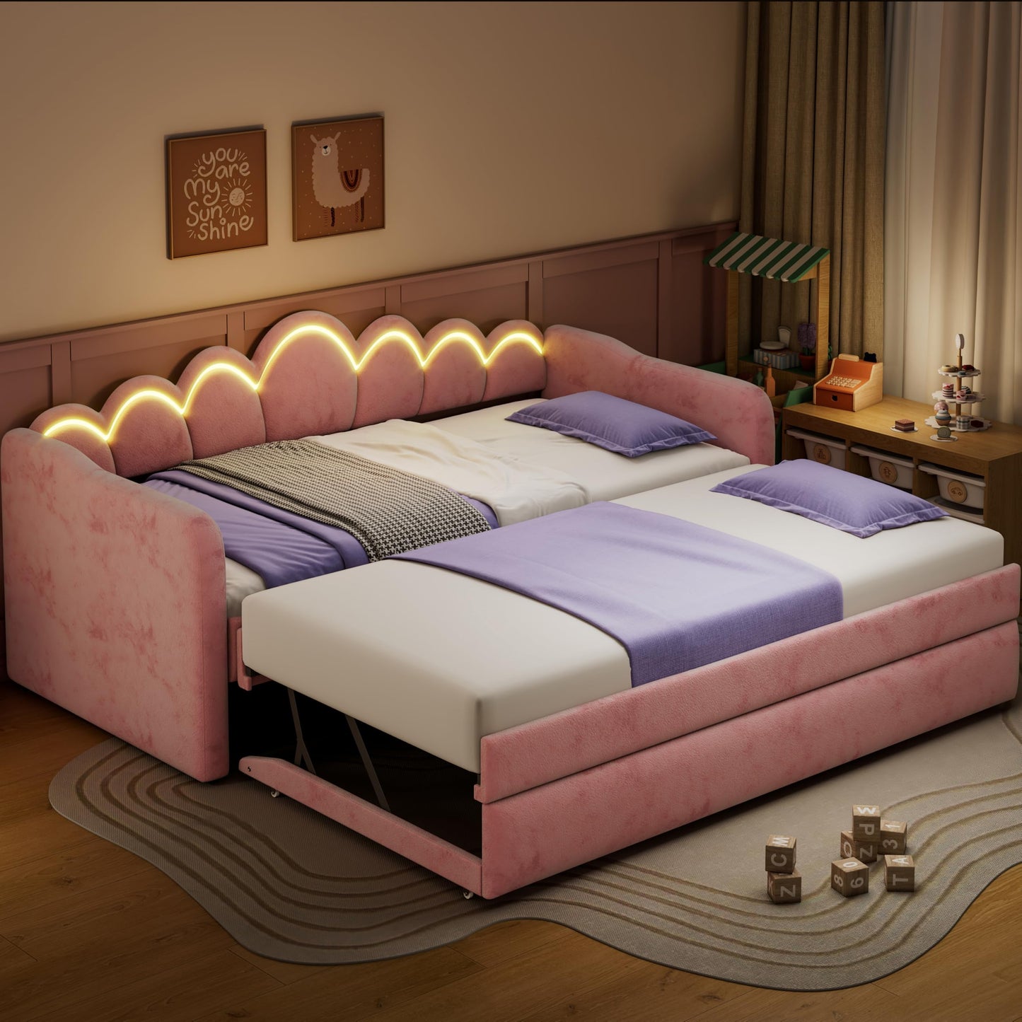 QVUUOU Upholstered Twin XL Daybed with LED Light and Trundle, Pink - Cozy Comfort with Pull-Out Guest Bed