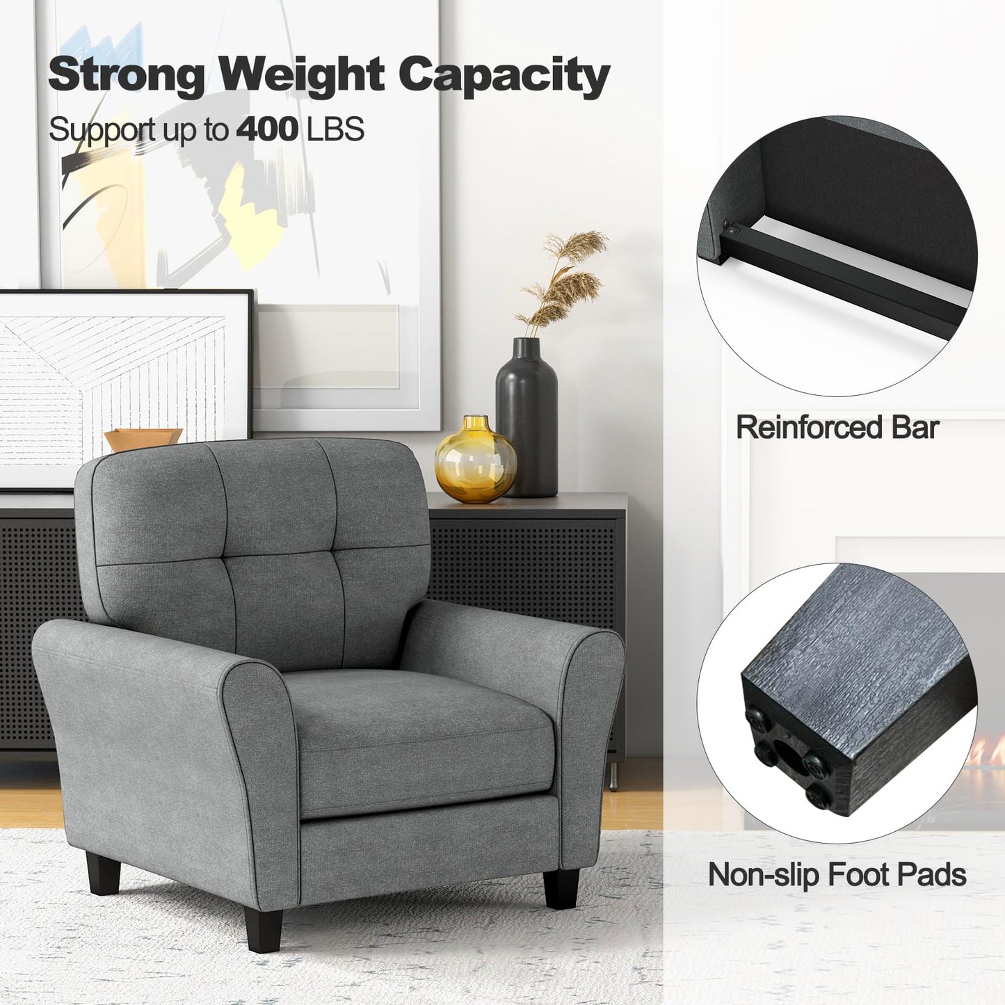 Giantex Modern Mid-Century Accent Chair - Linen Living Room Chair with Tufted Back, 7" Thick Cushion, Max Load 400 lbs, Upholstered Armchair with Non-Slip Foot Pads, Club Chair for Bedroom, Grey