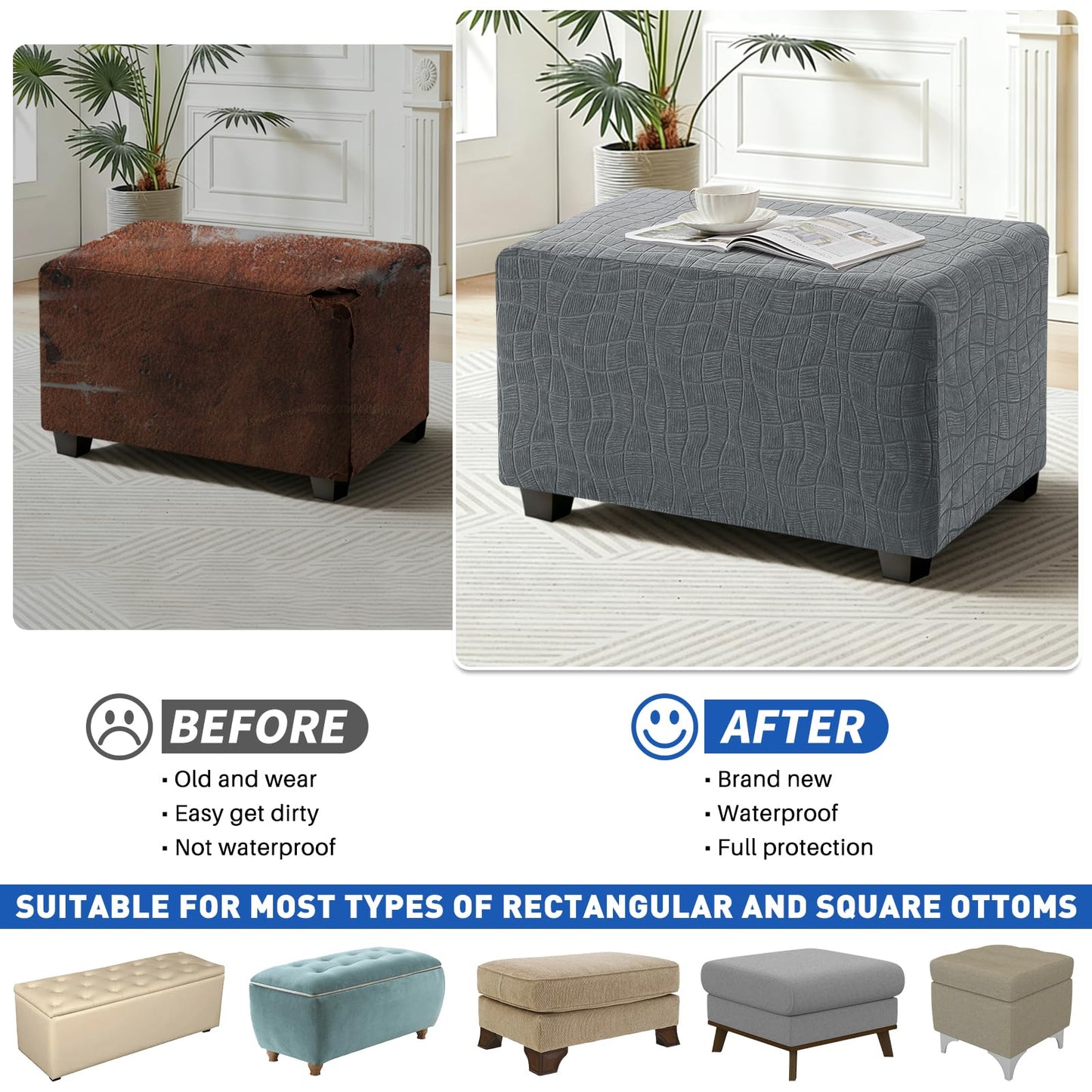 MAXIJIN Waterproof Ottoman Cover Rectangle Stretch Ottoman Slipcovers Square Thick Stool Covers Storage Footrest Furniture Protector with Non-Slip Elastic Bottom (Small, Light Gray)