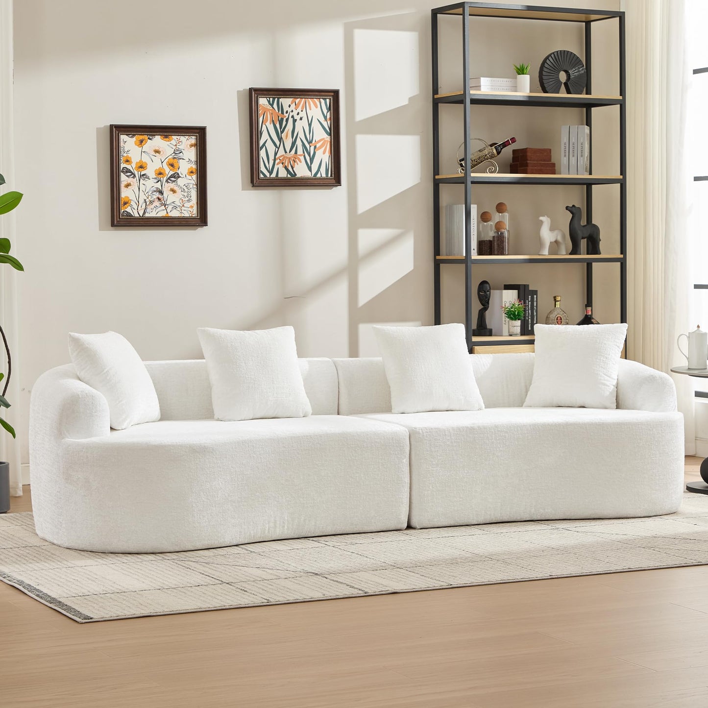 Sectional Sofa, Curved Cloud Sofa Couch, Chenille Full Sponge Chaise for Living Room, Apartment (Beige, 110 Inch)