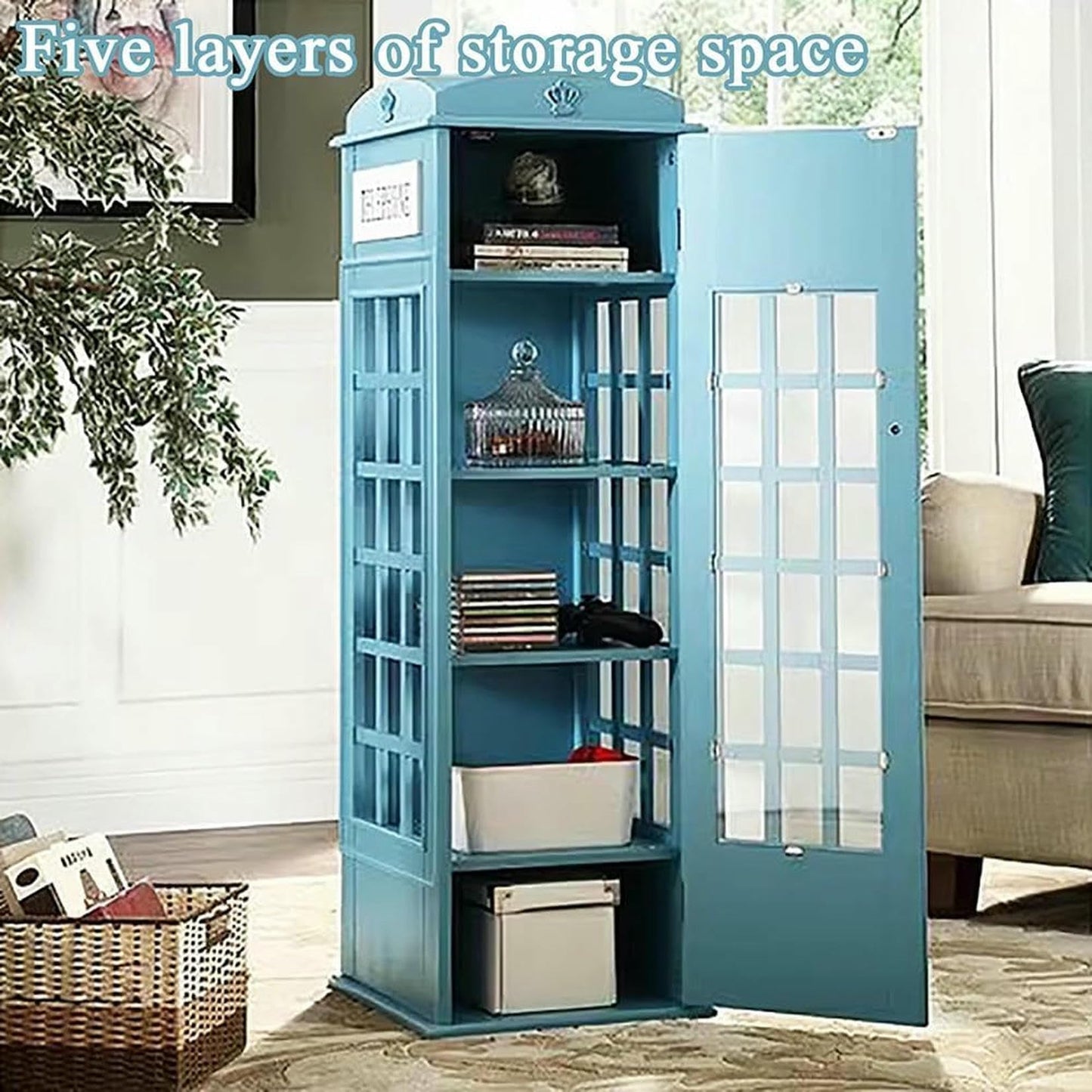 MNJVCFDS Telephone Booth Bookshelf, 5-Tier Wood Bookcase, Floor Standing Bookcase with Acrylic Door, Phone Booth Storage Cabinet Organizer Display Bookshelf