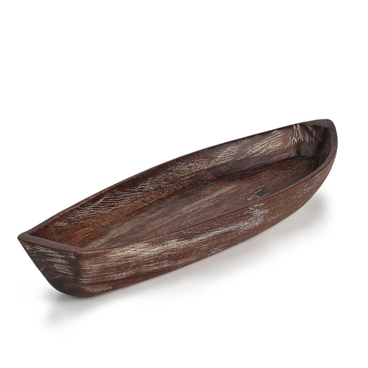 CAMLOT Rustic Small Wooden Serving Tray, Boat Shape Decorative Tray Vintage Centerpiece, Farmhouse Rustic Trays, Key Tray, Decorative Platter for Countertop Home Decorations- Distressed Brown。(Size S)