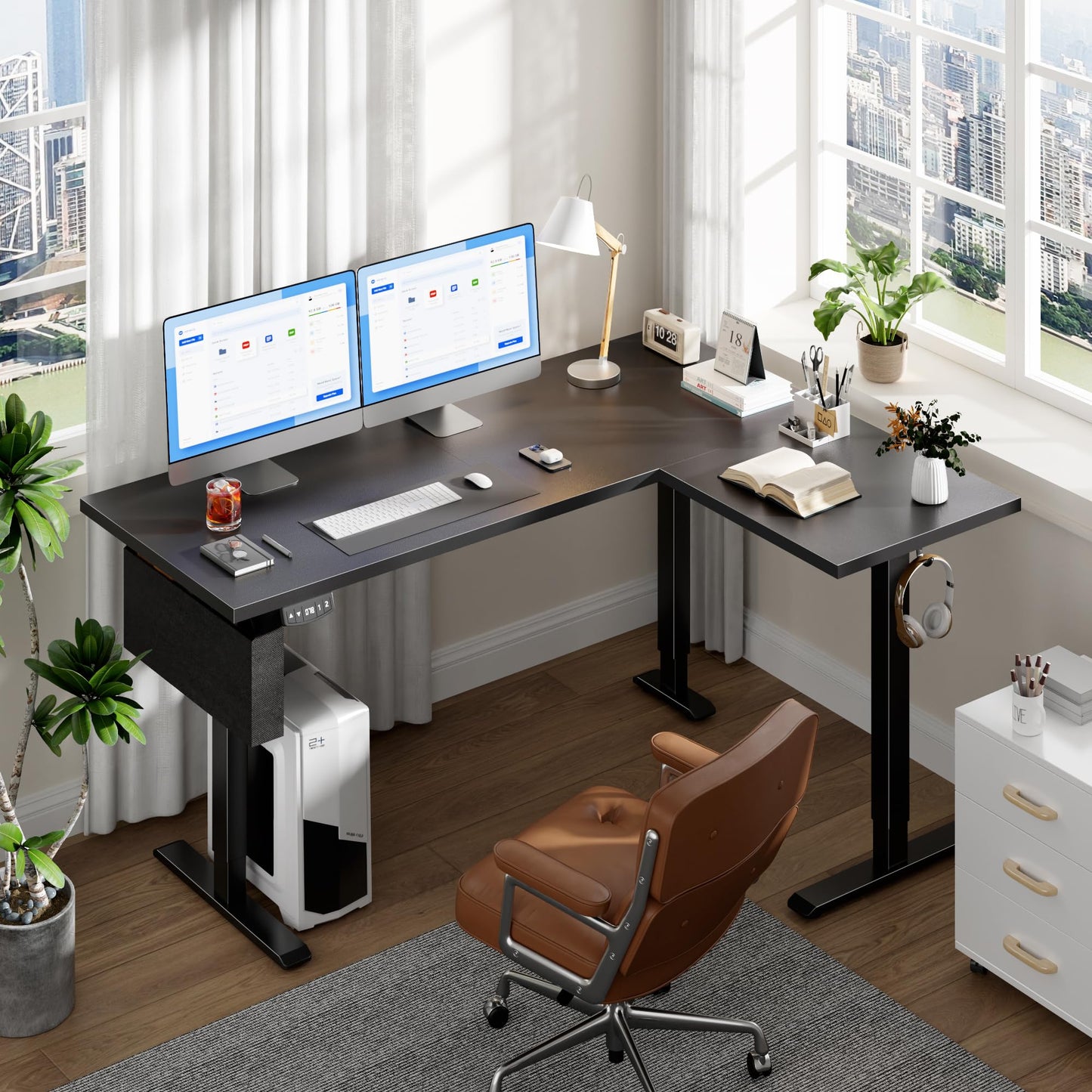 Korfile 63” L Shaped Electric Standing Desk, Height Adjustable Computer Desk with LED Screen & Memory Presets, Ergonomic Sit to Stand Desk with Headphone Hook for Home, Office and Workstation, Black
