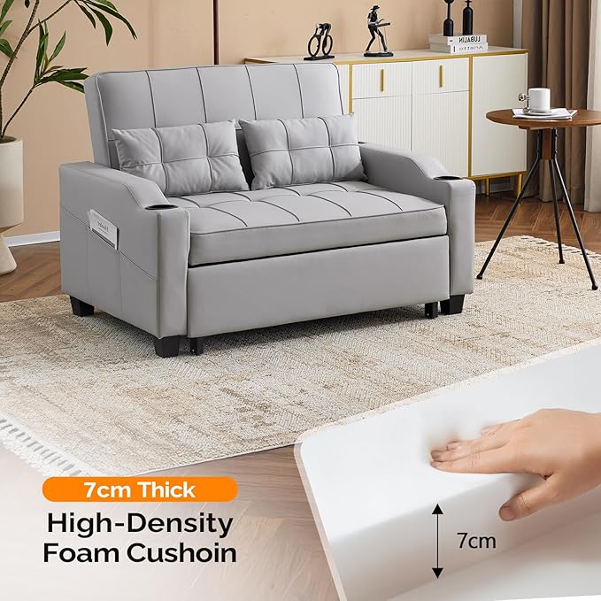 VINGLI Convertible Loveseat Sleeper Sofa, Light Grey Faux Leather Futon Sofa