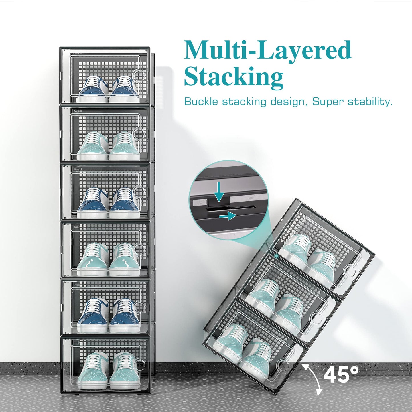 Kuject 12 Pack Large Shoe Boxes, Clear Stackable Containers with Lids,Black