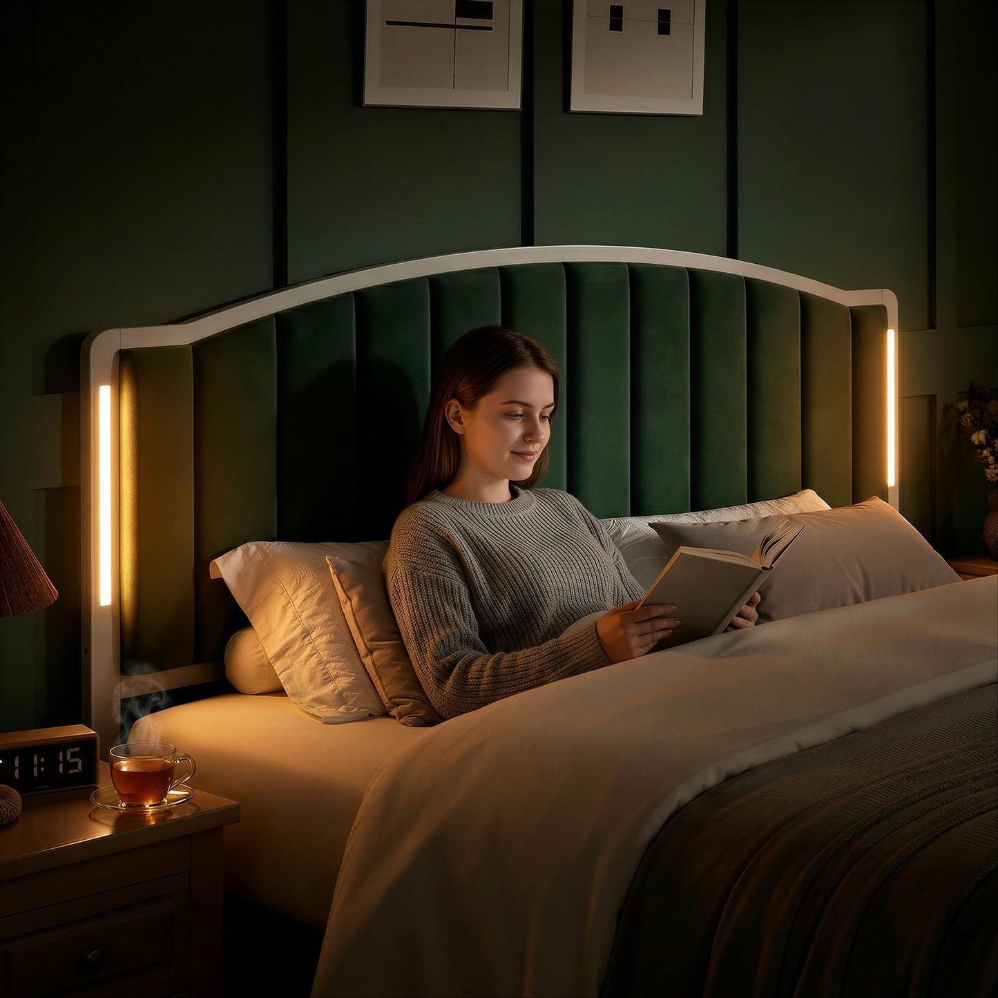 Salamir Headboard for Queen Size Bed with LED Lights, Upholstered Vertical Channel Tufting Head Boards, Velvet Headboard Only, Attach Frame, Ideal for Bedroom, Dorm, Guest Room, Green