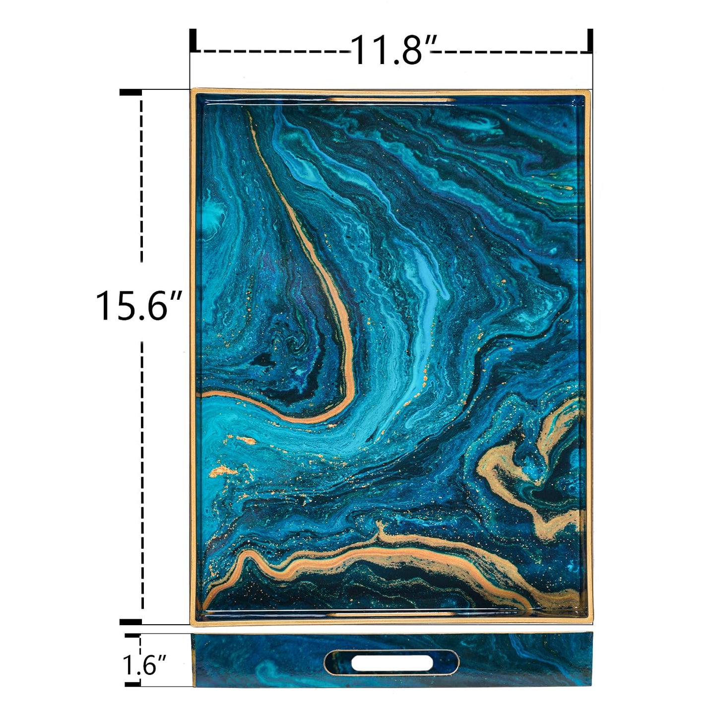 MAONAME Plastic Decorative Tray, Marbling Tray with Handles, Rectangular Coffee Table Trays, Blue Serving Trays for Ottoman, Bathroom, 15.7” x 11.8”