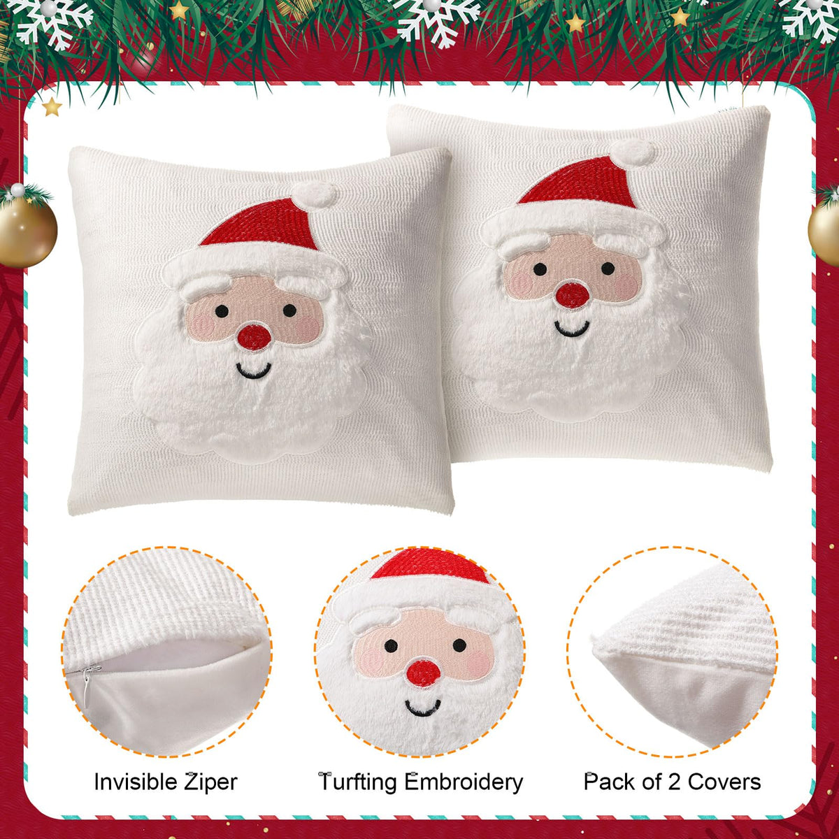 Tranqun 2 Pcs Christmas Pillow Covers, Santa Claus Square Embroidered Throw Pillow Covers for Christmas Winter Decoration for Bed and Sofa (18x18 Inch)