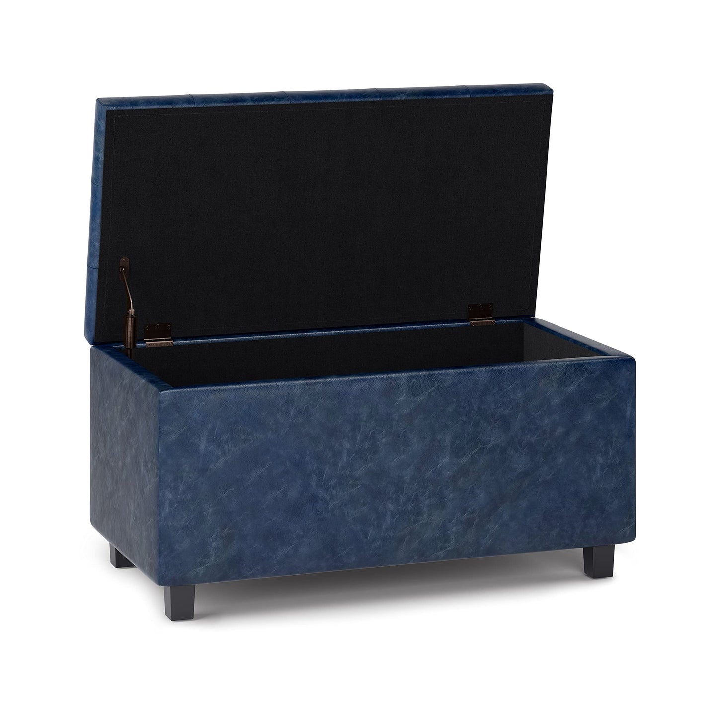 SIMPLIHOME Cosmopolitan Storage Ottoman - 34 inch Wide Upholstered Vegan Leather Rectangle Storage Ottoman Bench in Denim Blue, Transitional Tufted Ottoman for Living Room or Entryway with Lift-Up Lid