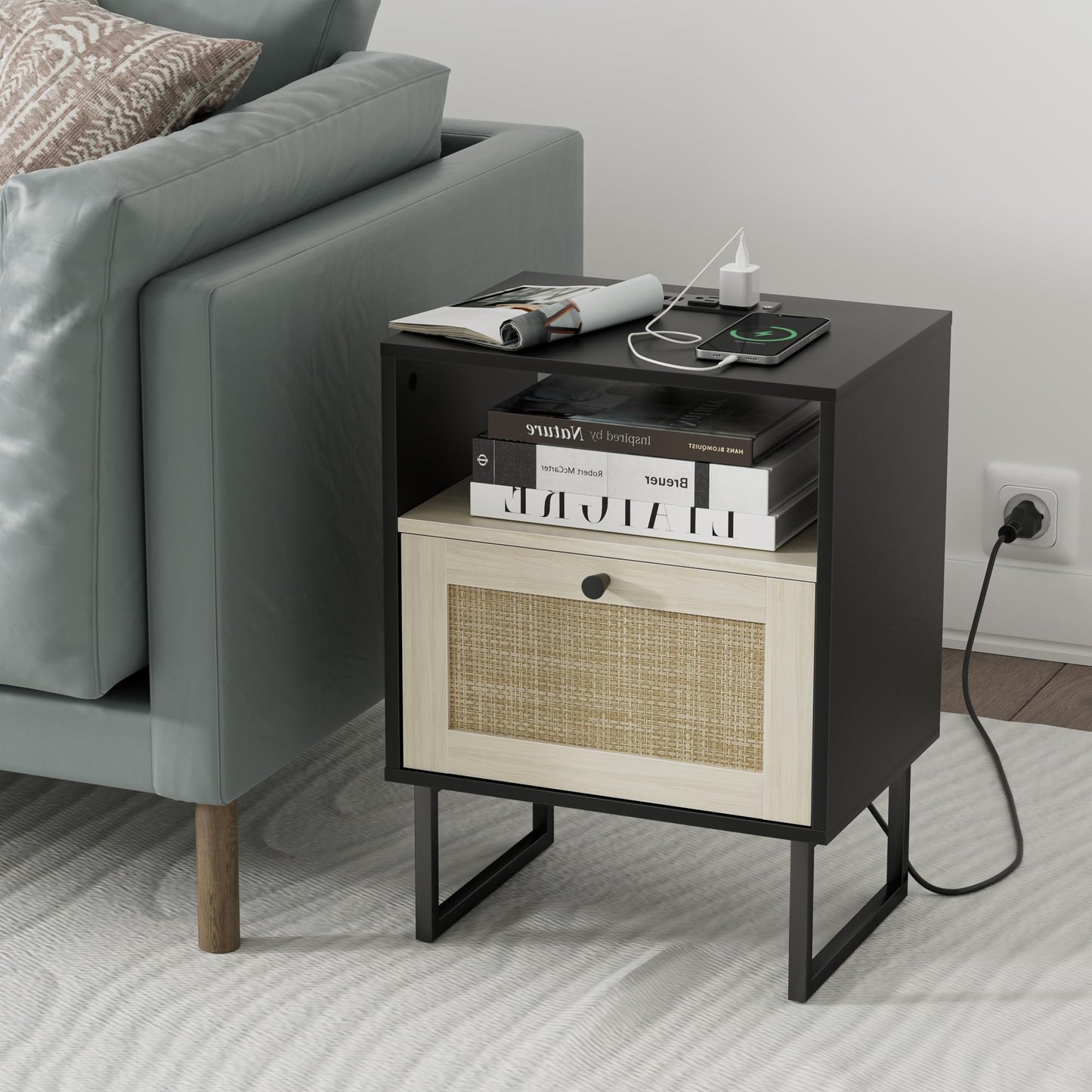 Masupu Boho Night Stand, Small Rattan Side Table, Wood Nightstand with Drawer and Charging Station, Bedside Table with White Shelf, End Table for Bedroom,Living Room,Office (Black Mix White)